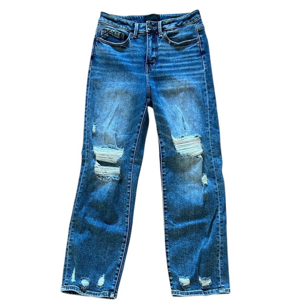 Buckle Ripped Ankle Crop Jeans - Blue Denim